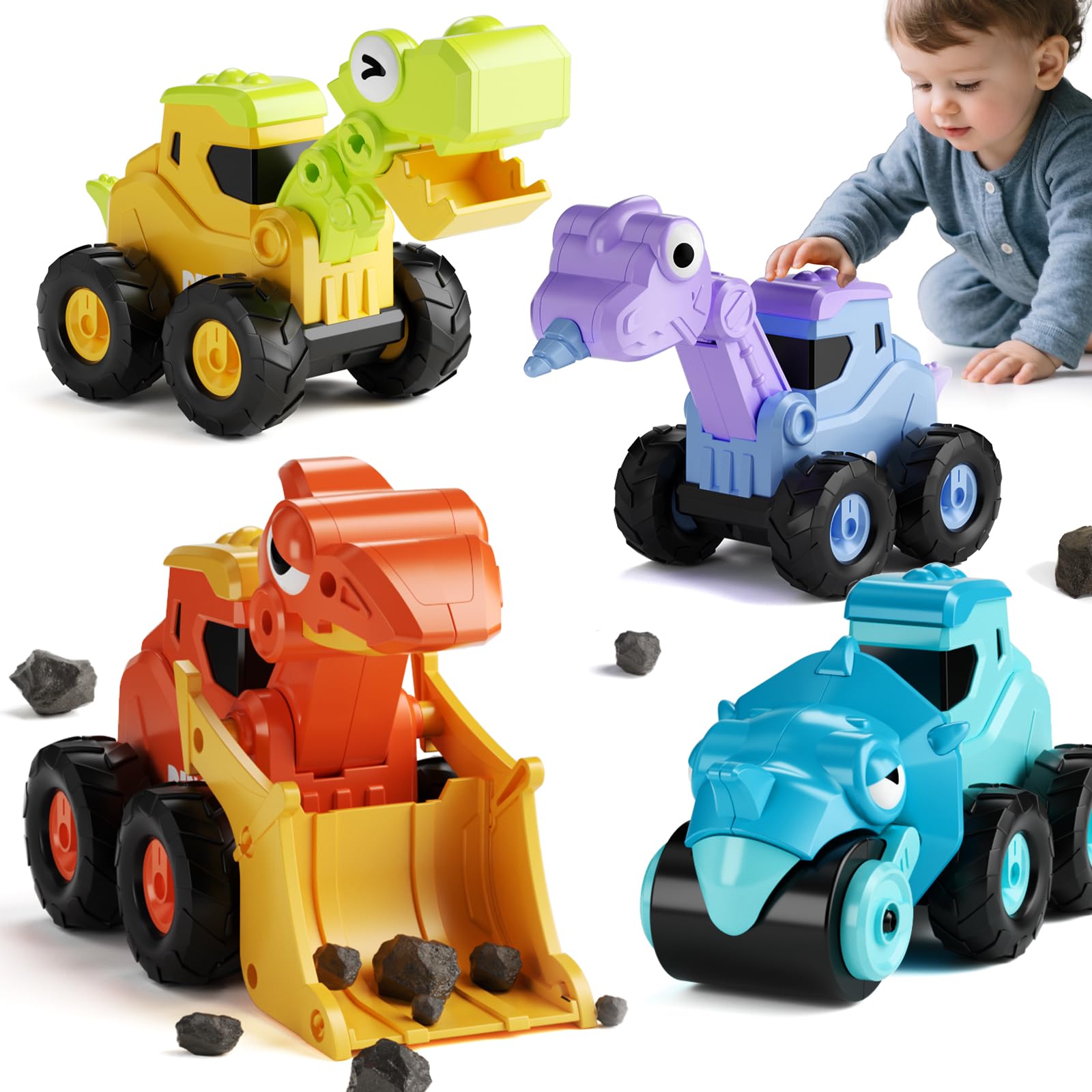 Dimoarch Construction Toys for 2 3 4 5 Year Old Boy Kids Toddlers, Press and Go Dino Truck Construction Vehicle Toys Sandbox Excavator Toys Boy Birthday Gifts
