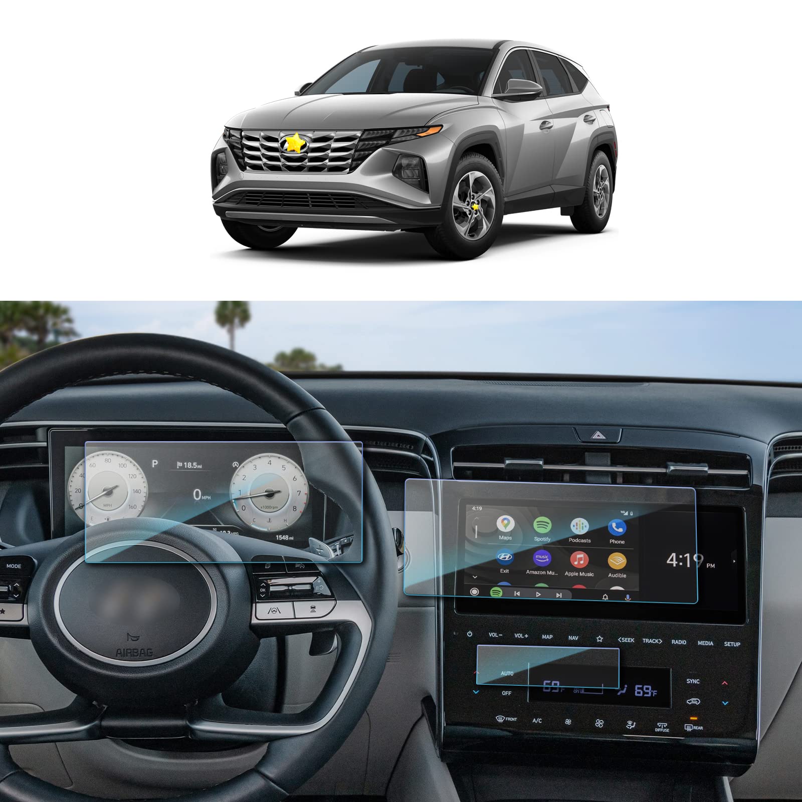 SKTU Navigation Screen Protector compatible with Hyundαi Tucson NX4 2021+ Tempered Glass Instrument Panel A/C Protective Film Scratch-Resistant Anti-Fingerprint