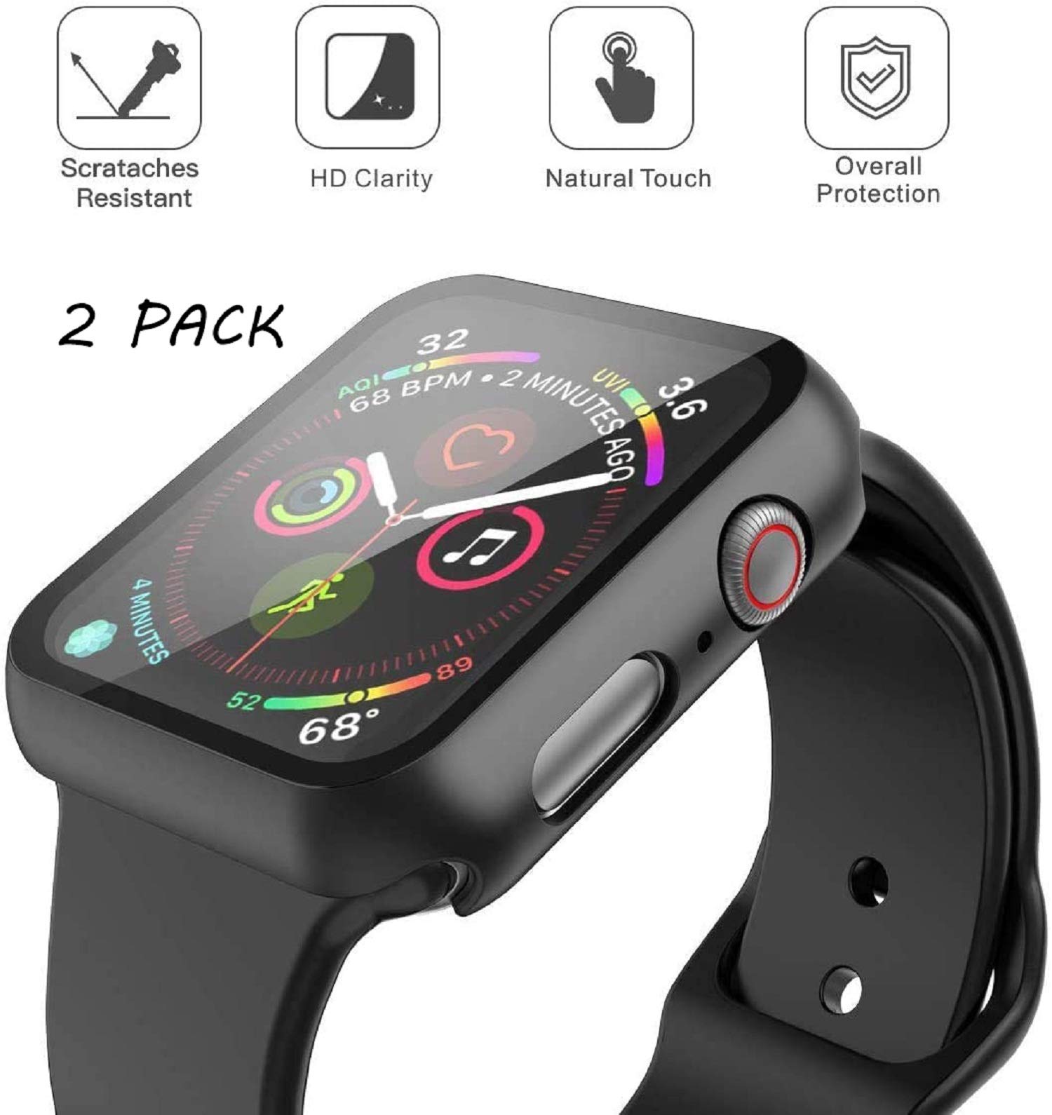 Misxi 2 Pack Hard PC Case with Tempered Glass Screen Protector Compatible with Apple Watch SE Series 6 Series 5 Series 4 40mm - Black