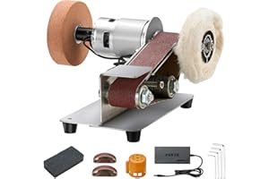 Feidyns 3 in 1 Mini Belt Sander - 15 Degree Knife Belt Sander, 7 Adjustable Speed Electric Knife and Tool Sharpener with Belt Cleaning Block, Buffer Polisher for Kitchen Knives, Wood, Plastic, Crafts