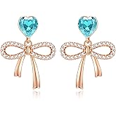 Austrian Crystal Heart Ribbon Bow Dangle Drop Earrings for Women 14K Gold Plated Hypoallergenic Jewelry
