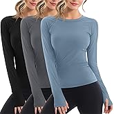Velvelhall 3 Pack Women's Workout Shirts Long Sleeve Raglan Slim Fit Crew Neck Athletic Yoga Basic Tops with Thumb Holes