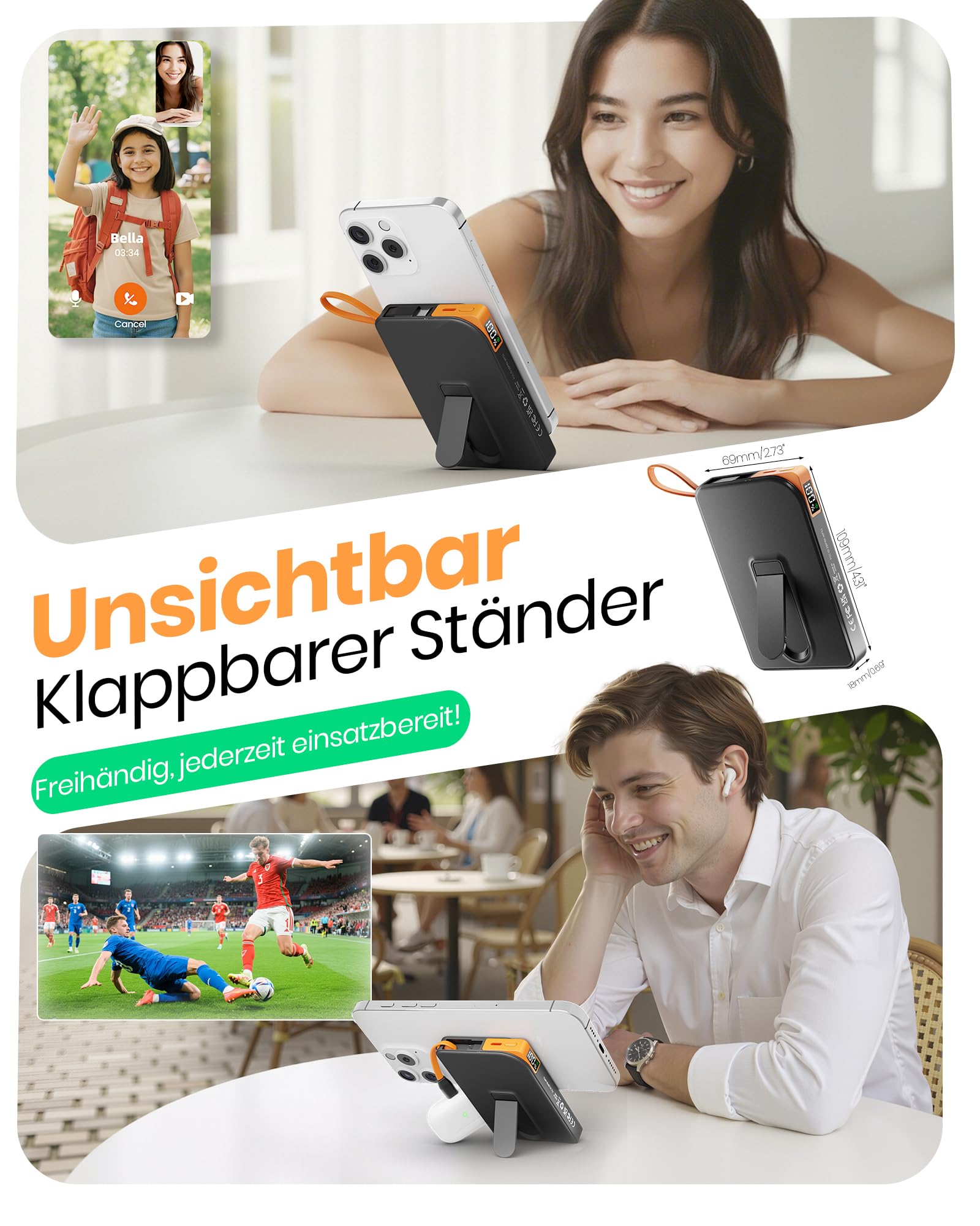 Power Bank für MagSafe iPhone 10000mAh, 3 in 1 Magnetische Schnellladen PowerBank for i-Phone Air 17/16/15/14/13/12, Wireless Powerbanks Handy mit integriertem USB-C Kabel & Ständer für Android 4