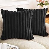 BAOLIZEGAO Double-Sided Faux Fur Plush Throw Pillow Covers 18x18 Set of 2 Fuzzy Striped Soft Cozy Pillowcase Luxury Decorative Pillows Square Fluffy Cushion Covers for Couch Sofa Bed,Black