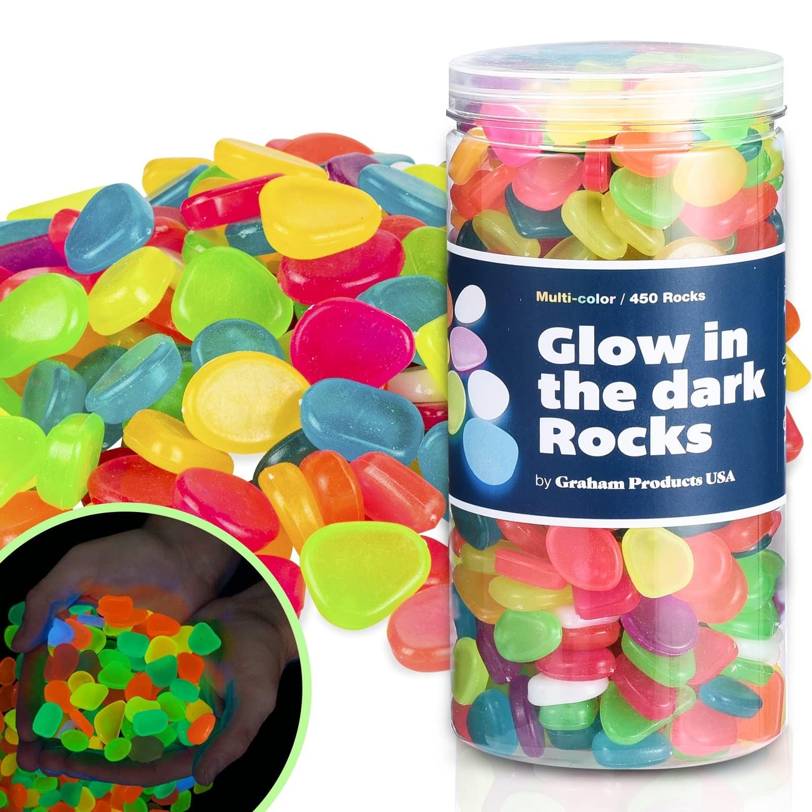 Graham Products 450 Pieces Glow in the Dark Rocks | Indoor & Outdoor Use - Garden, Fish Tank Pebbles, Planter, Walkway Decoration & More | For Kids Aged 6 & Up | Powered by Sunlight - Multi-colored