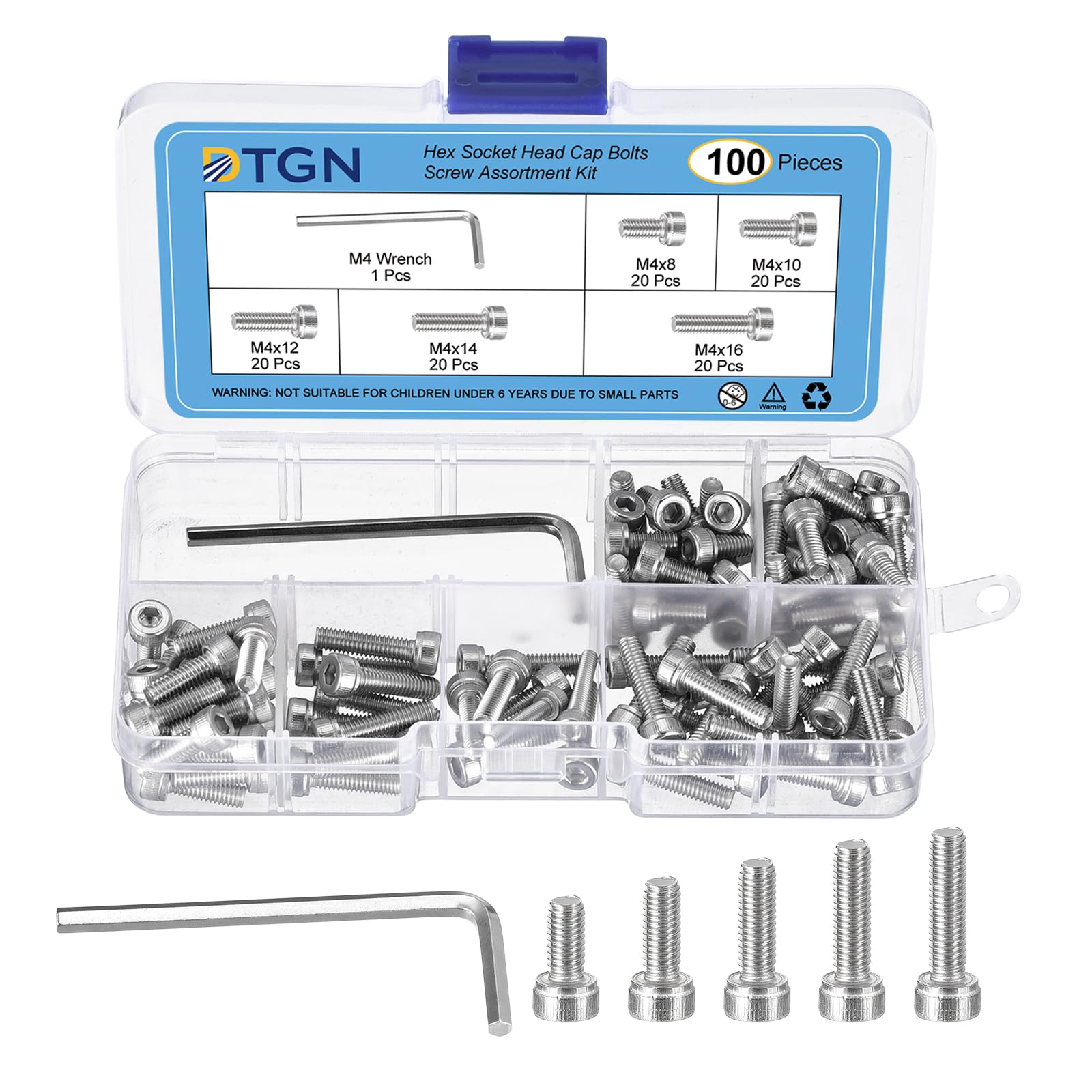 DTGN 100Pcs M4 Metric Screw Assortment, M4 Bolts Socket Head Screws, 304 Stainless Steel M4x8/10/12/14/16mm Hex Socket Head Cap Screws Bolt Set With Wrench for 3D Printing DIY