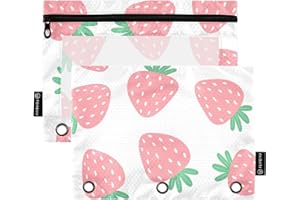 DOMIKING Pink Strawberries Pencil Pouch for 3 Ring Binder Pencil Bags Pencil Case Pockets Makeup Bag with Clear Window for Storing Office Supplies 2 Pack