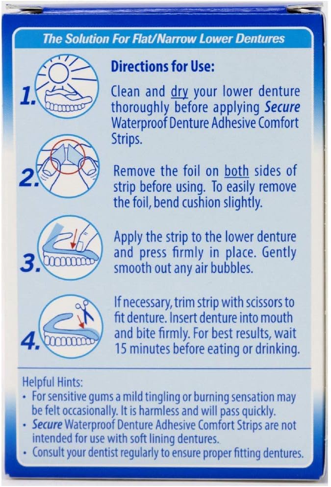 Secure Comfort Strips Waterproof Denture Adhesive - Zinc Free - Extra Firm Hold For Lower Dentures - 15 Strips: Health & Personal Care