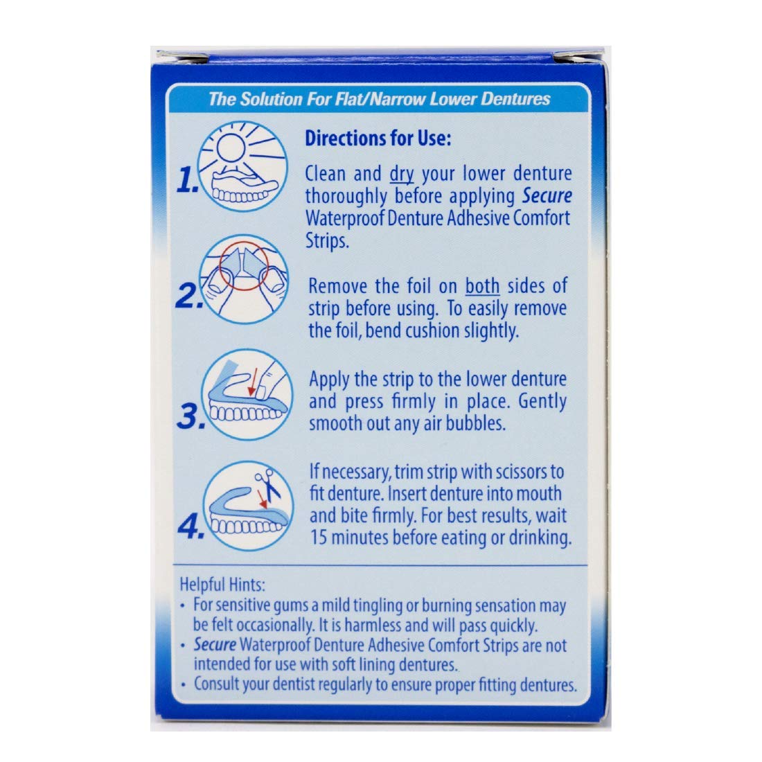 Secure Comfort Strips Waterproof Denture Adhesive - Zinc Free - Extra Firm Hold For Lower Dentures - 15 Strips (Pack of 3) : Denture Care Products : Beauty