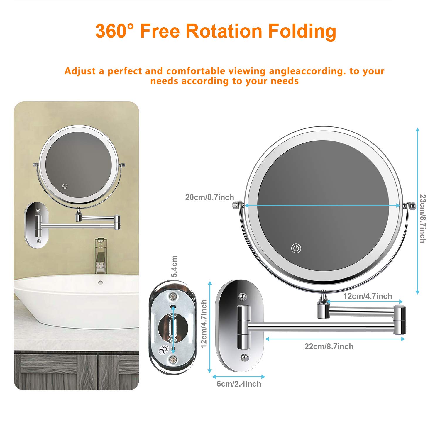 ZEPHBRA 8" LED Wall Mounted Makeup Mirror Touch Screen Adjustable Light Double Sided 1X/5X Magnifying Vanity Mirror Swivel Extendable for Bathroom Hotels Powered by Batteries (Not Included) (Silver): Beauty