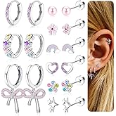 LOYALLOOK Hypoallergenic Earrings for Women Surgical Stainless Steel Screw Back Earrings Set for Sensitive Ears Flower Heart Butterfly Hoop Stud Earrings Screwback Flat Back Stud Earrings 20G
