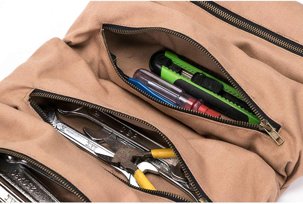 Super Tool Roll, Large Wrench Roll, Big Tool Roll Up Bag, Waxed Canvas Tool Organizer Bucket, Tool Roll Up Pouch, Handy Small Tools Tote Carrier, Tool Pouch Sling, Car Back Seat Organizer (Khaki) - - 