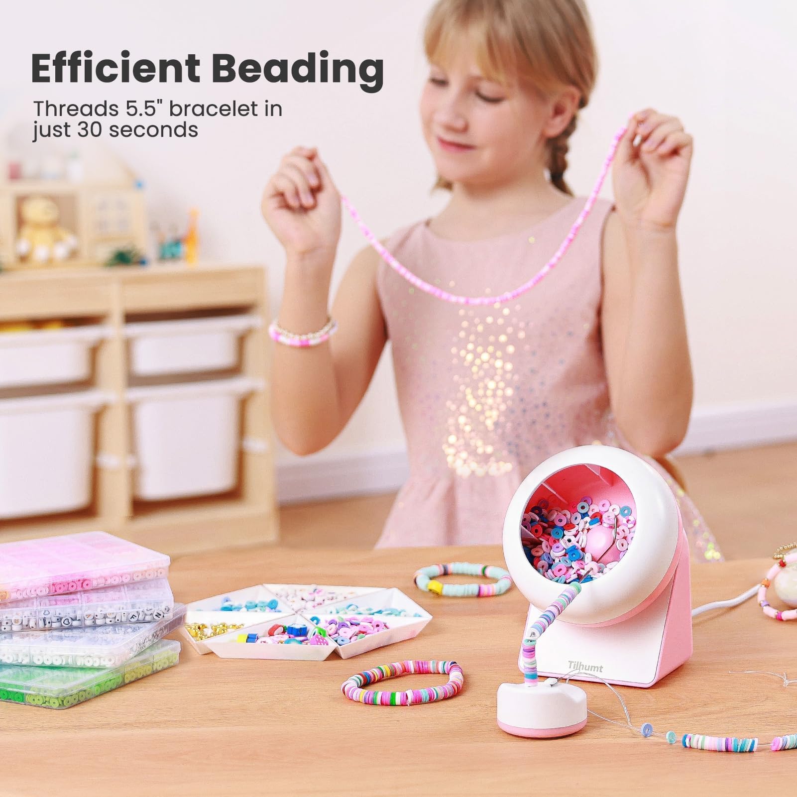 Tilhumt Clay Bead Spinner, Electric Bead Spinner for Jewelry Making, Friendship Bracelets Maker with Needle and Elastic String, Gift for Patent Design, Pink (Beads Not Included)