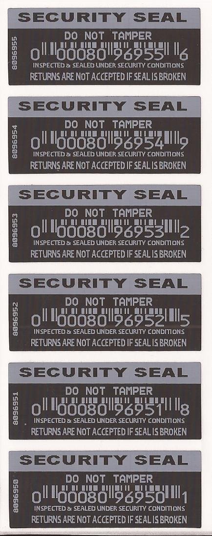 Security Labels "Do Not Tamper". Returns are Not Accepted if Seal is Broken. Black with White Printing Tamper-Evident X 100, Each with Unique Serial Numbers.