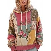 BAIREG Women's Vintage Boho Patchwork Floral Hoodie Oversized Rose Print Sweatshirt Casual Loose Pullover with Drawstring