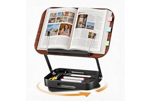 Adjustable Book Stand with Storage Drawer: 360° Rotating Book Holder, Laptop Stand with Elastic Page Clips, Wood & Aluminum B