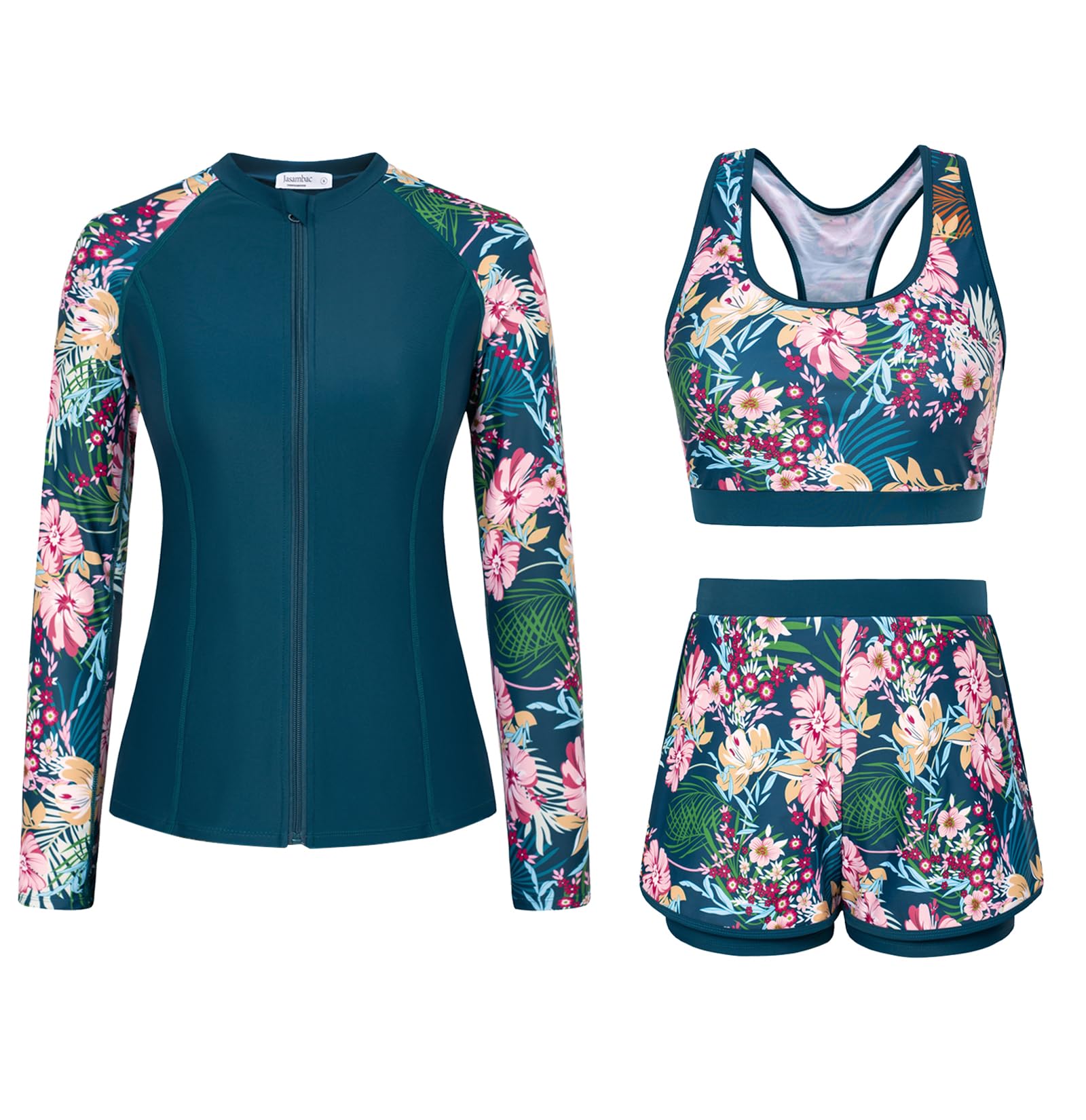 Photo 1 of Women's UPF 50+ Rash Guard Long Sleeve 3 Piece Zip Up Swimsuit UV/Sun Protection Swim Shirts Built in Bra Floral Athletic Swim Wear Pink Flower L