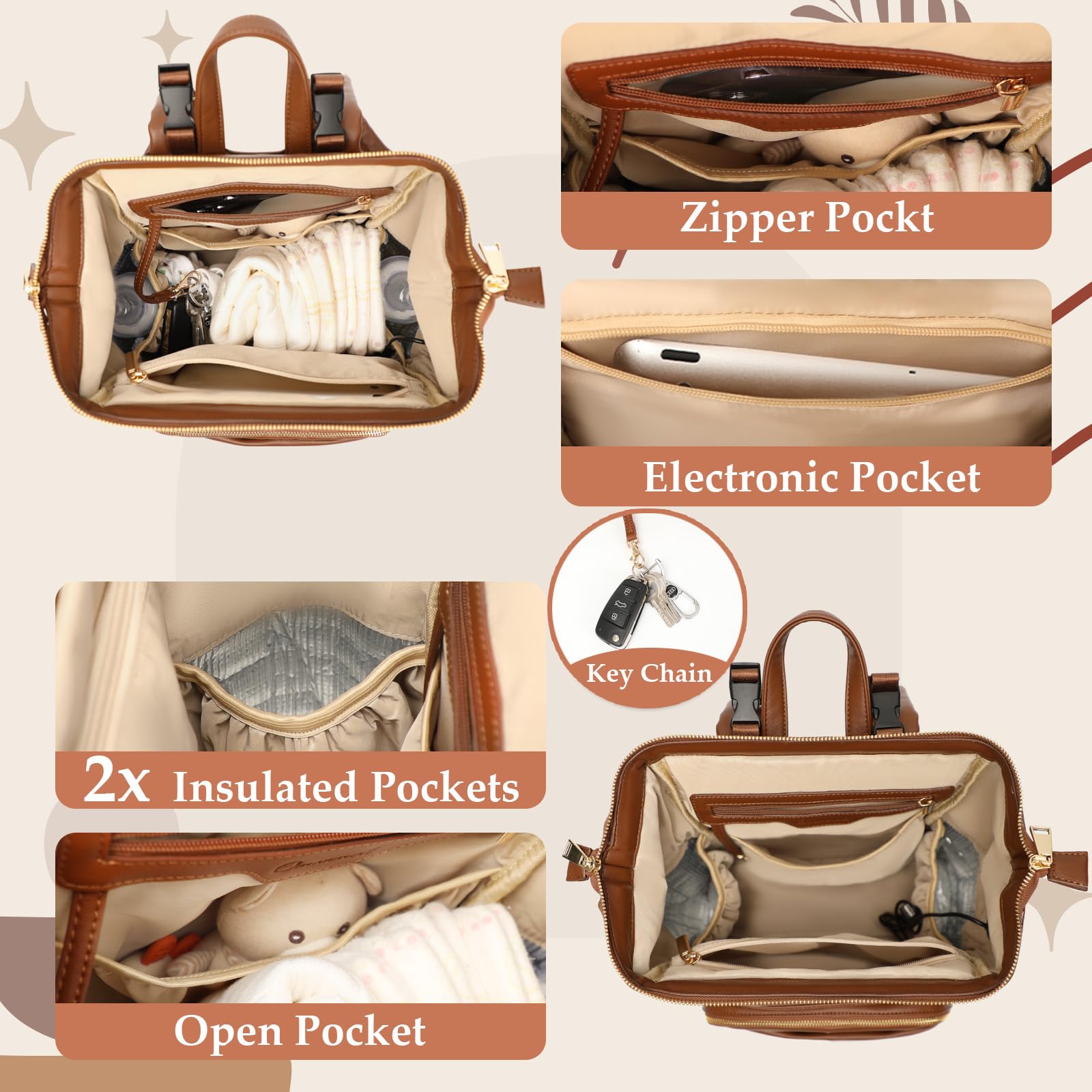 Small Diaper Bag Mini Diaper Bag Backpack Leather Diaper Bag With 12 Pockets Baby Travel Bag,2 Insulated Pockets,USB Charging Port,Stroller Straps,Brown