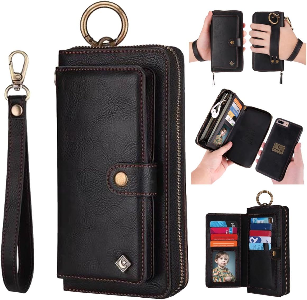 AIFENGCASE Case Compatible with iPhone 8 Plus/iPhone 7 Plus,Wallet Case for Women Men Girl,Wristlets Clutch Zipper Leather Pouch Wallet Flip Phone Case Card Holder Magnetic Detachable Back Cover,Black