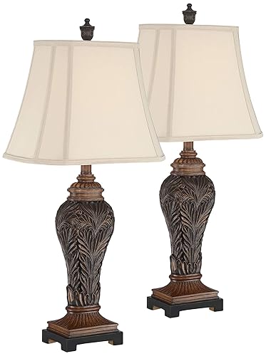 Leafwork Traditional Table Lamps Set Of 2 Bronze Vase Light Tan Cut Corner Rectangular Shade For Living Room Bedroom Bedside Nightstand Office Family