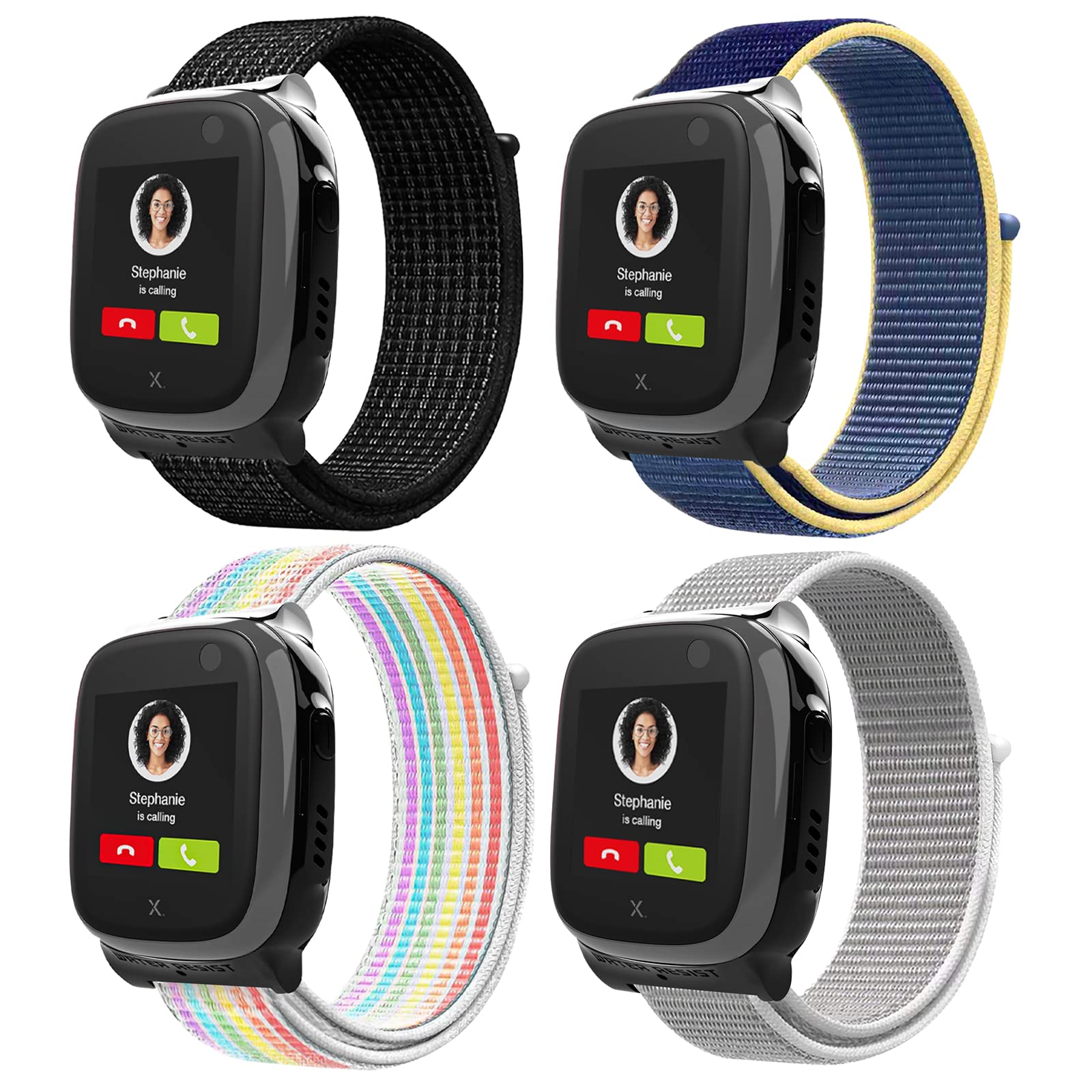 Snyeest 4pc Nylon Compatible with Xplora X5 Play/XGO 2/XGO 3/Kidzi Wristband, Kids Smartwatch Fastener Girls Boys Adjustable Replacement Wristbands,Black+Blue+Rainbow+Shell