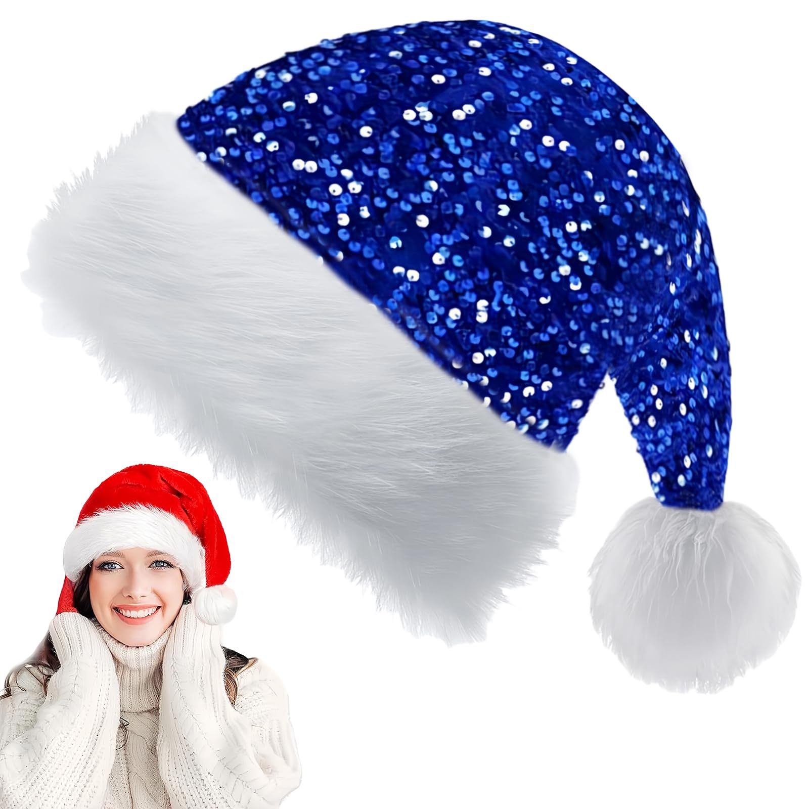 Blue Sequin Santa Hat for Christmas - 30*45cm Luxury Plush Xmas Hat for Kids, Adults - Unisex Party Costume Gift for Women, Men - Father Christmas New Year Celebration — image 1