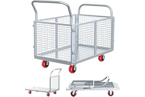 KAIWRXIN 2IN1 Steel Panel Cart Dolly – Heavy Duty Drywall Lumber Truck Cart with 3000 LBS Capacity, 44 x 28 Inch 2.2MM Steel Plate, 6" Swivel Brake Wheels, 1 Front & 3 Side Handrails (X Large with Cage)
