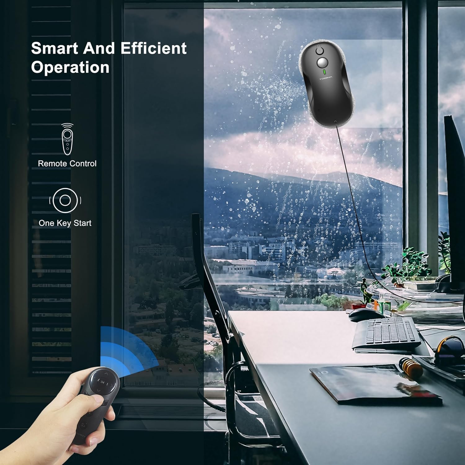 Tosima W3 Robot limpiacristales - Limpiacristales inteligente con pulverización automática de doble dirección con triple sistema de seguridad, navegación inteligente, control remoto, para todas las superficies lisas, con 12 trapos, negro