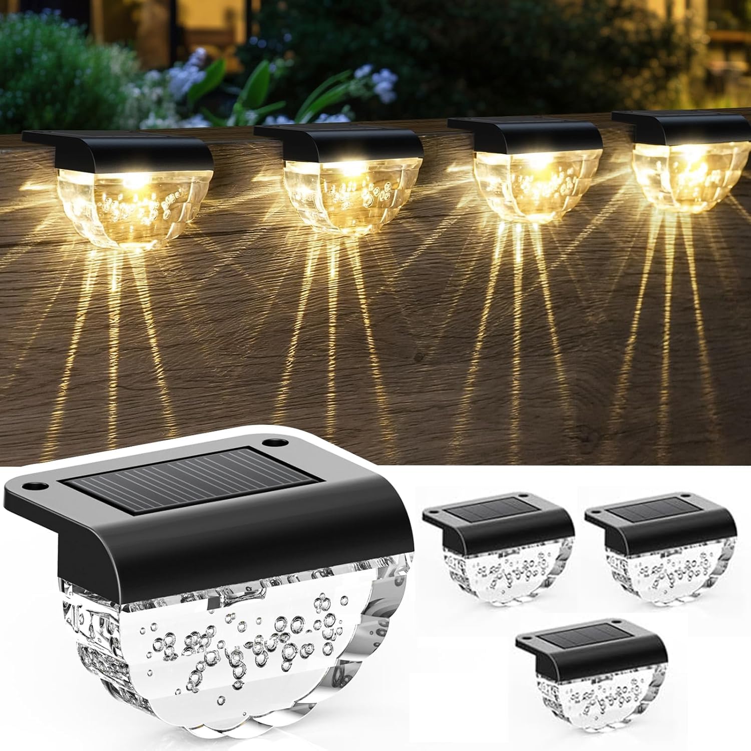 Auting Solar Fence Light, 4 Pcs Pathway Lighting, Solar Deck Light,Waterproof Outdoor Step Lights Used for Fence, Terraces, Stairs, Garden Decorations（Warm White