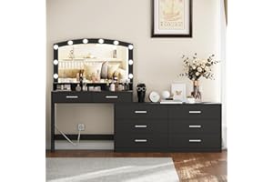 Irontar Vanity Desk with Large Mirror and 3-Color Lights, Makeup Vanity with 8 Drawers & Open Shelf, Side Cabinet with Width Adjustable, Makeup Table for Women, Black WDT007B