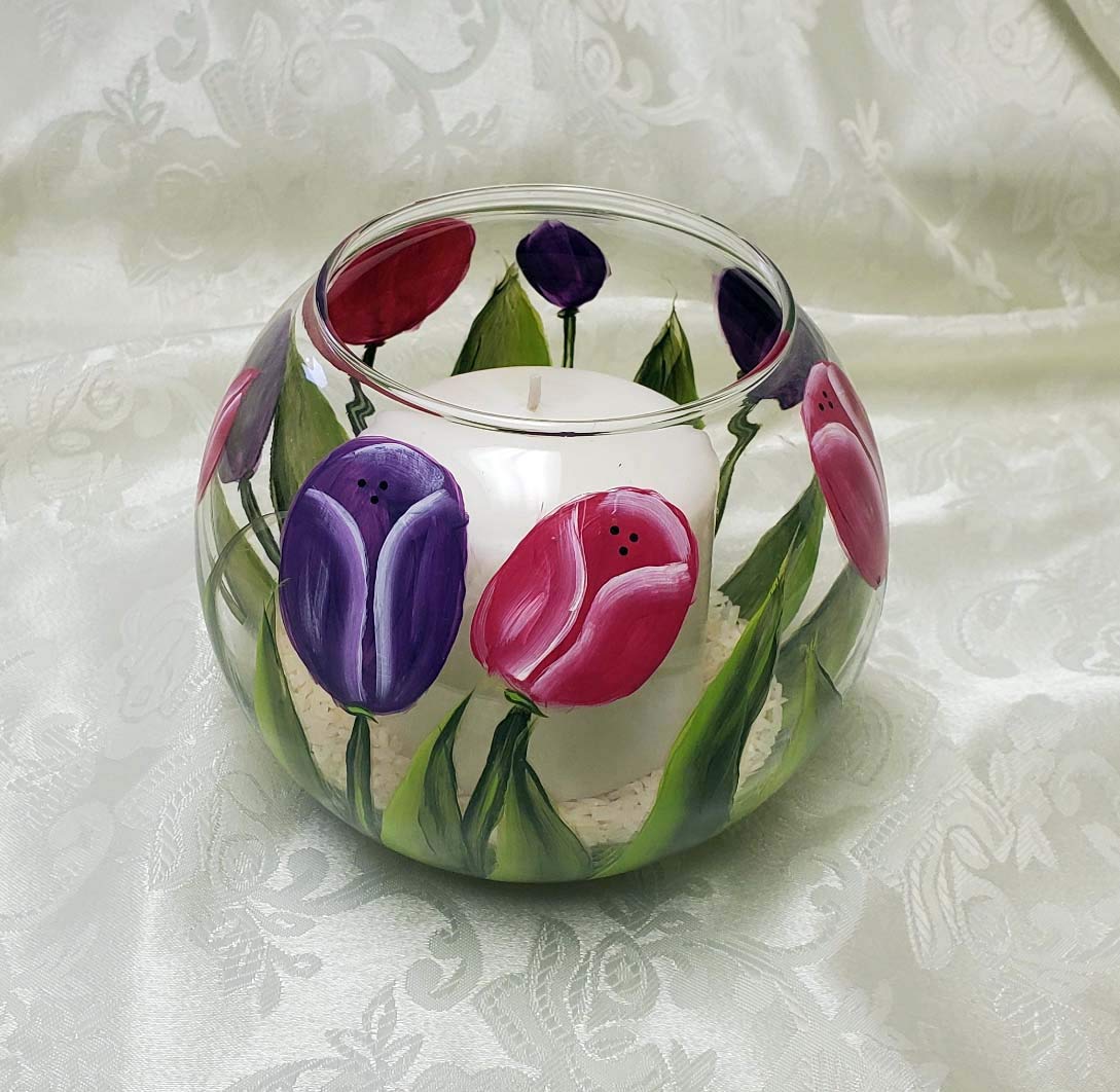 Hand Painted Pink and Purple Tulip Glass Fish Bowl Candle