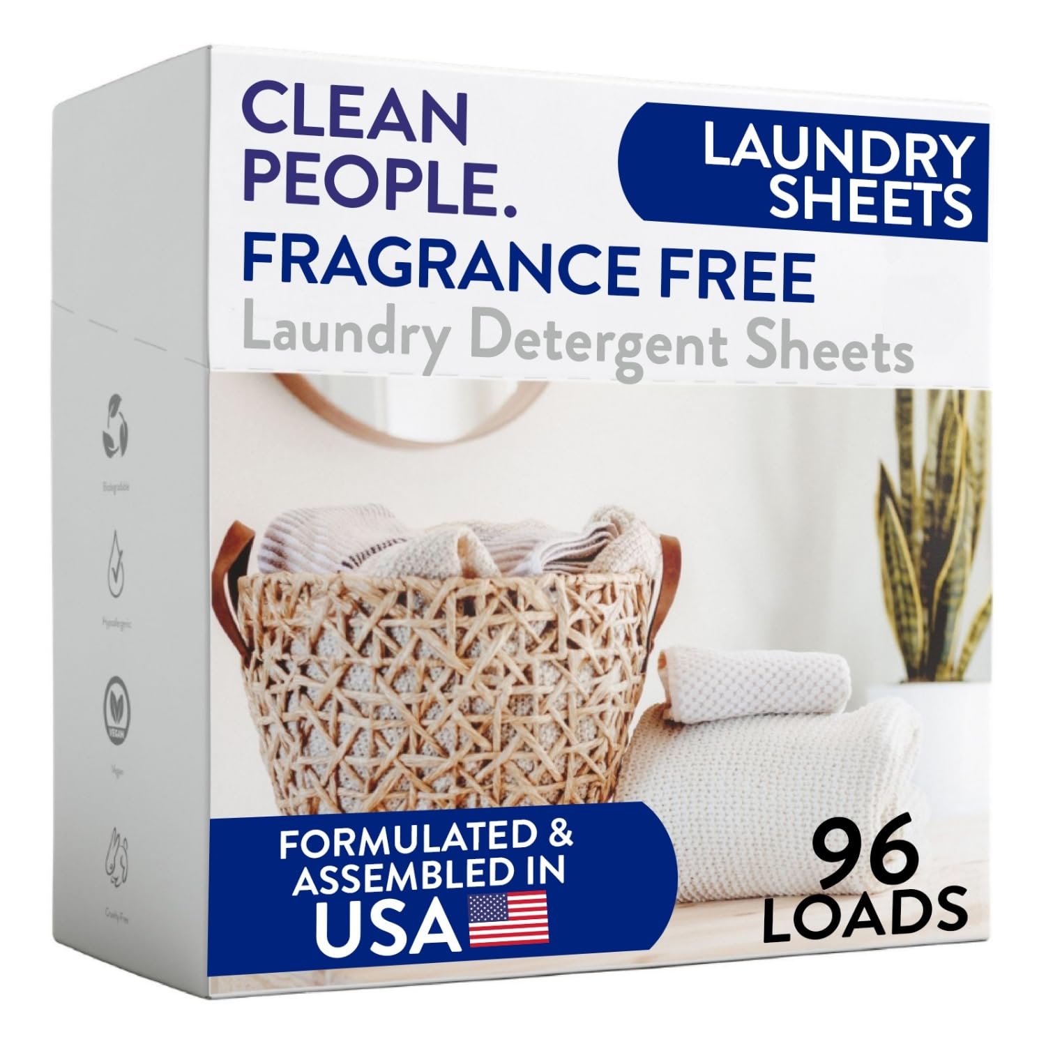 The Clean People Fragrance Free Laundry Detergent Sheets - Laundry Soap - Ultra Concentrated, Recyclable Packaging, Stain Fighting - Fragrance Free, 96 Pack