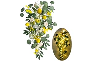 HAMIFINEE Lemon Door Swag with Lights 27.6" Summer Wreaths for Front Door Artificial Fruit Swags and Wreaths, Spring Summer Flower Lemon Teardrop Swags Garland for Wedding Home Party Stairway Wall Decoration