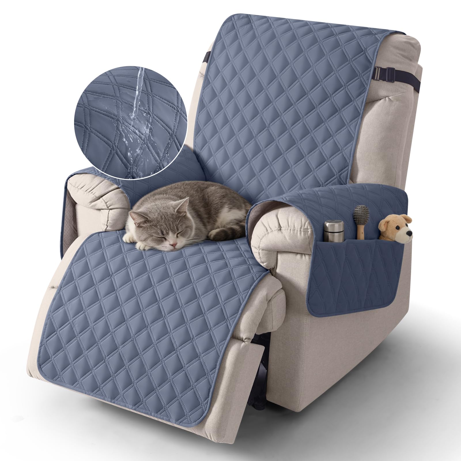 TAOCOCO Recliner Covers,1 Seater Recliner Slipcovers,Waterproof Recliner Sofa Protector,Armchair Covers with Pockets,Non Slip Reclining Sofa Covers,Arm Chair Covers for Pets/Dogs/Kids(Bluish Grey)