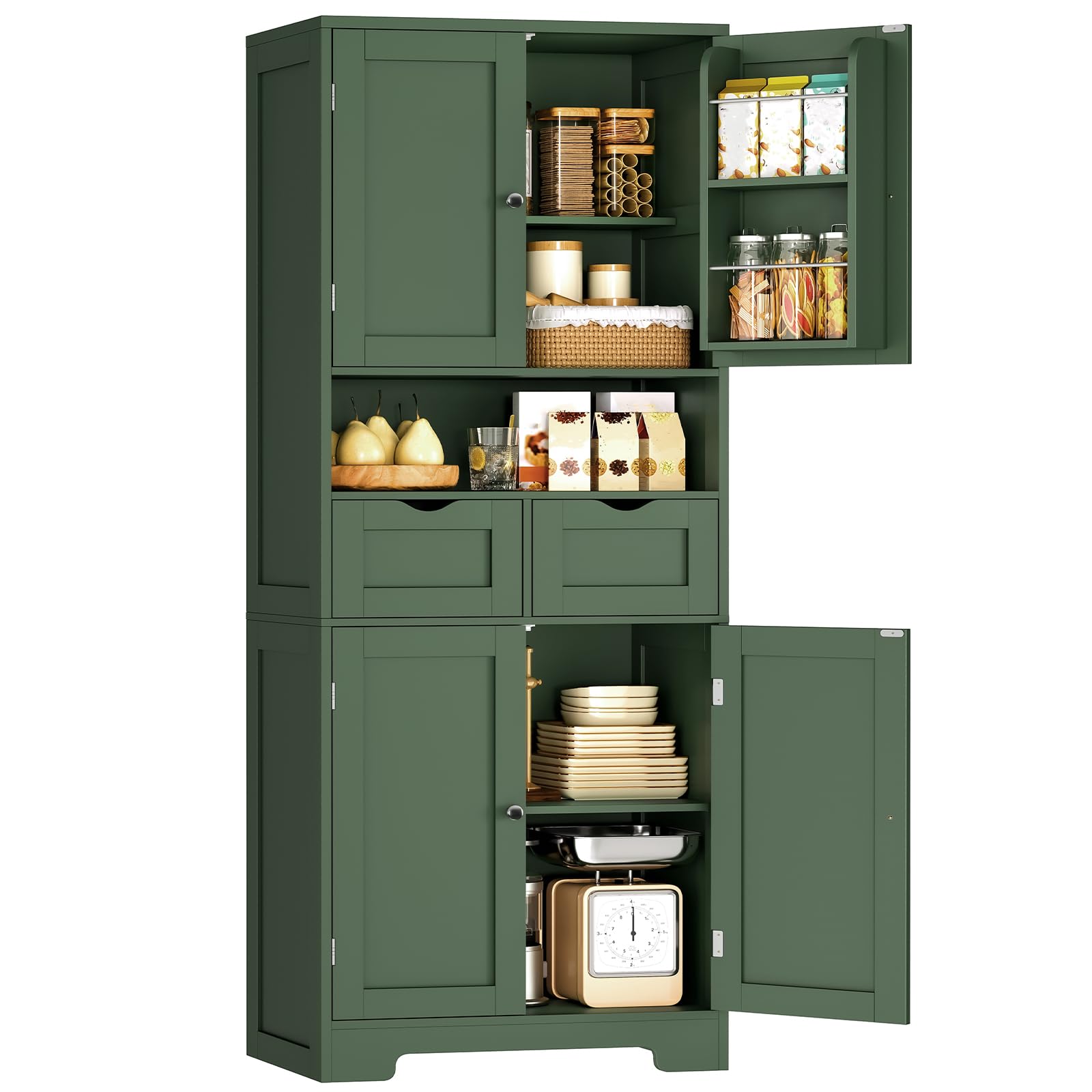 TEENFON Kitchen Pantry Cabinet with Adjustable Shelf, Tall Storage Cabinet with 2 Drawers & 4 Door Shelves, Food Pantry Cabinets, for Kitchen, Dining Room, Living Room, Green