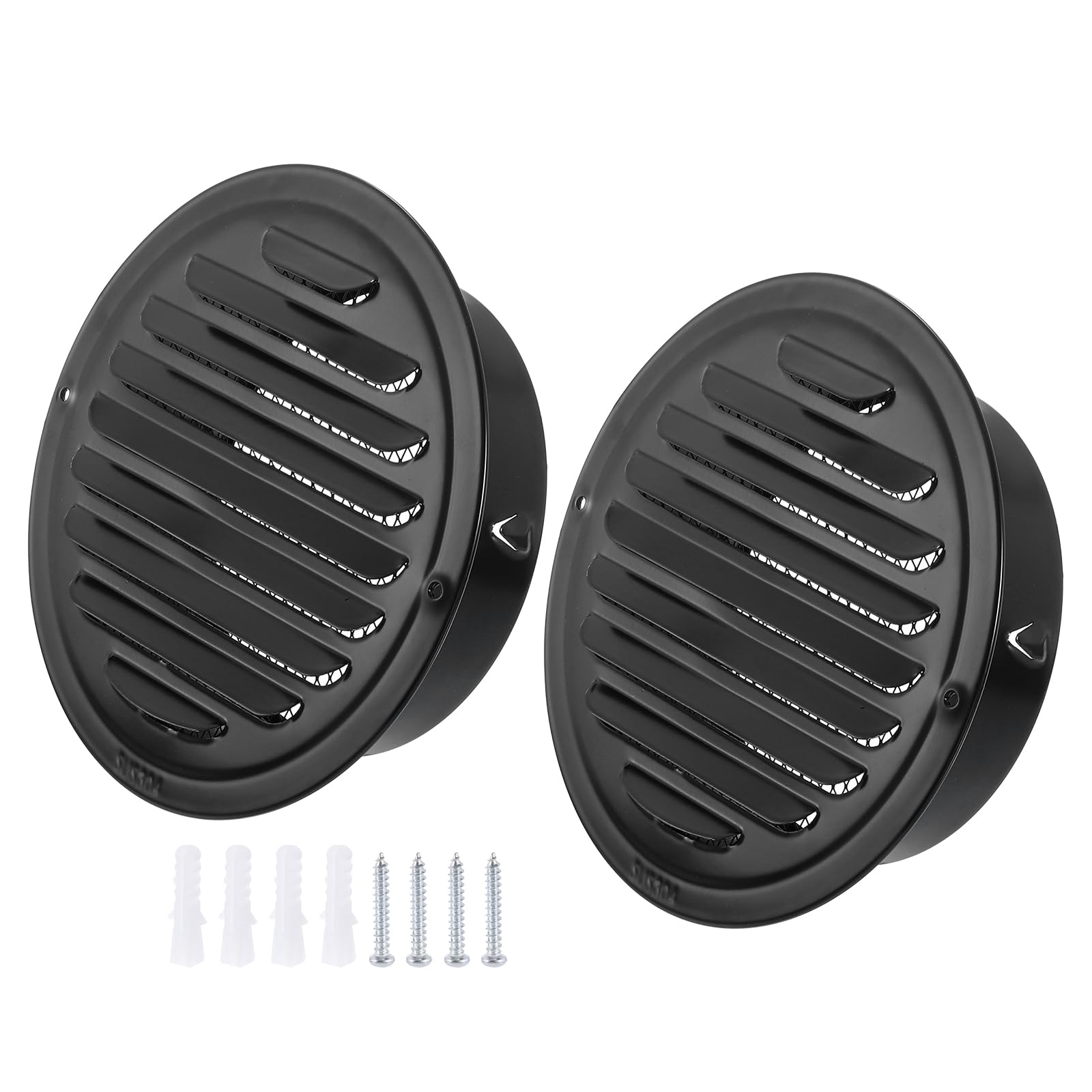 PATIKIL 6" Round Air Vent Cover, 2pcs 304 Stainless Steel Louvered Wall Inlet Outlet Grill Screen Mesh Ducting Soffit Vent with Screws for Ventilation, Black