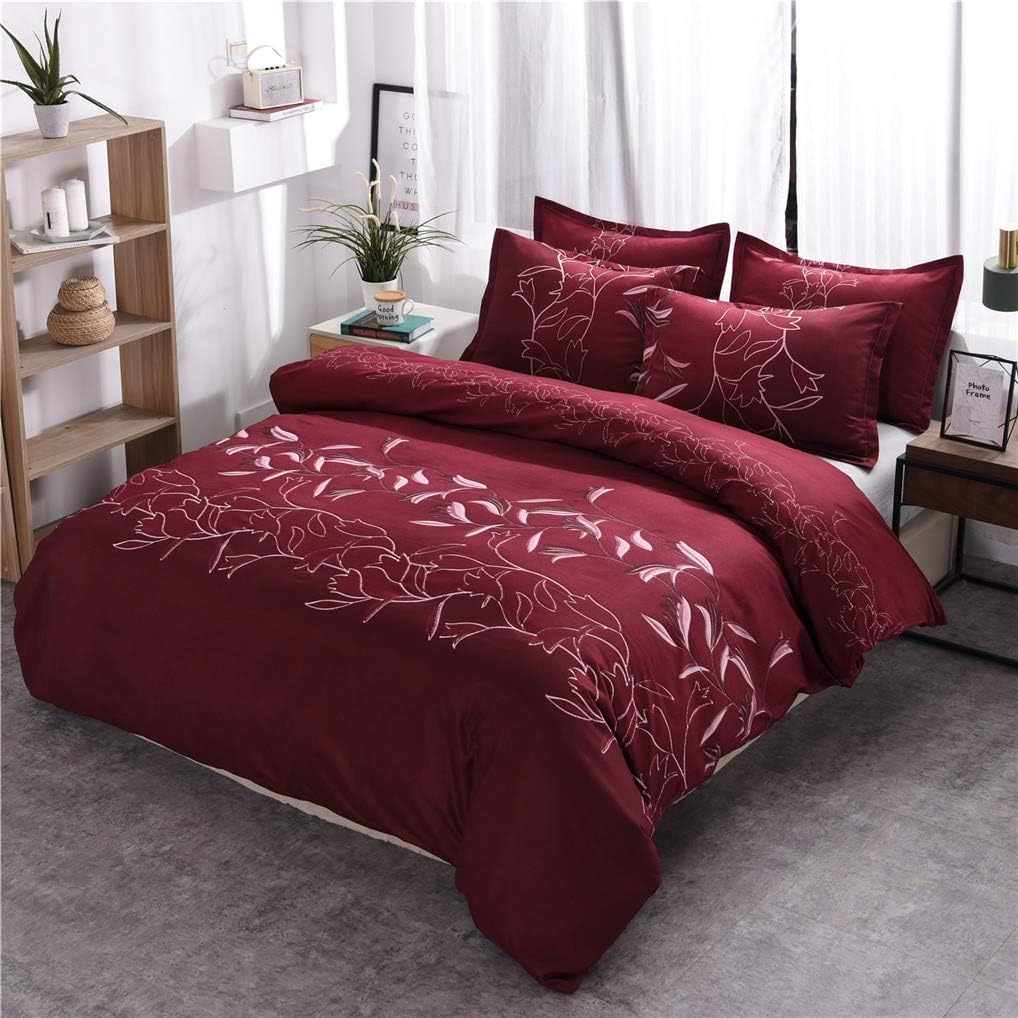 HNHDDZDuvet Cover Sets Solid Color Flowers Gray Red Bedding set With Zipper Quilt Cover (Red, Double bed 200x200 cm)