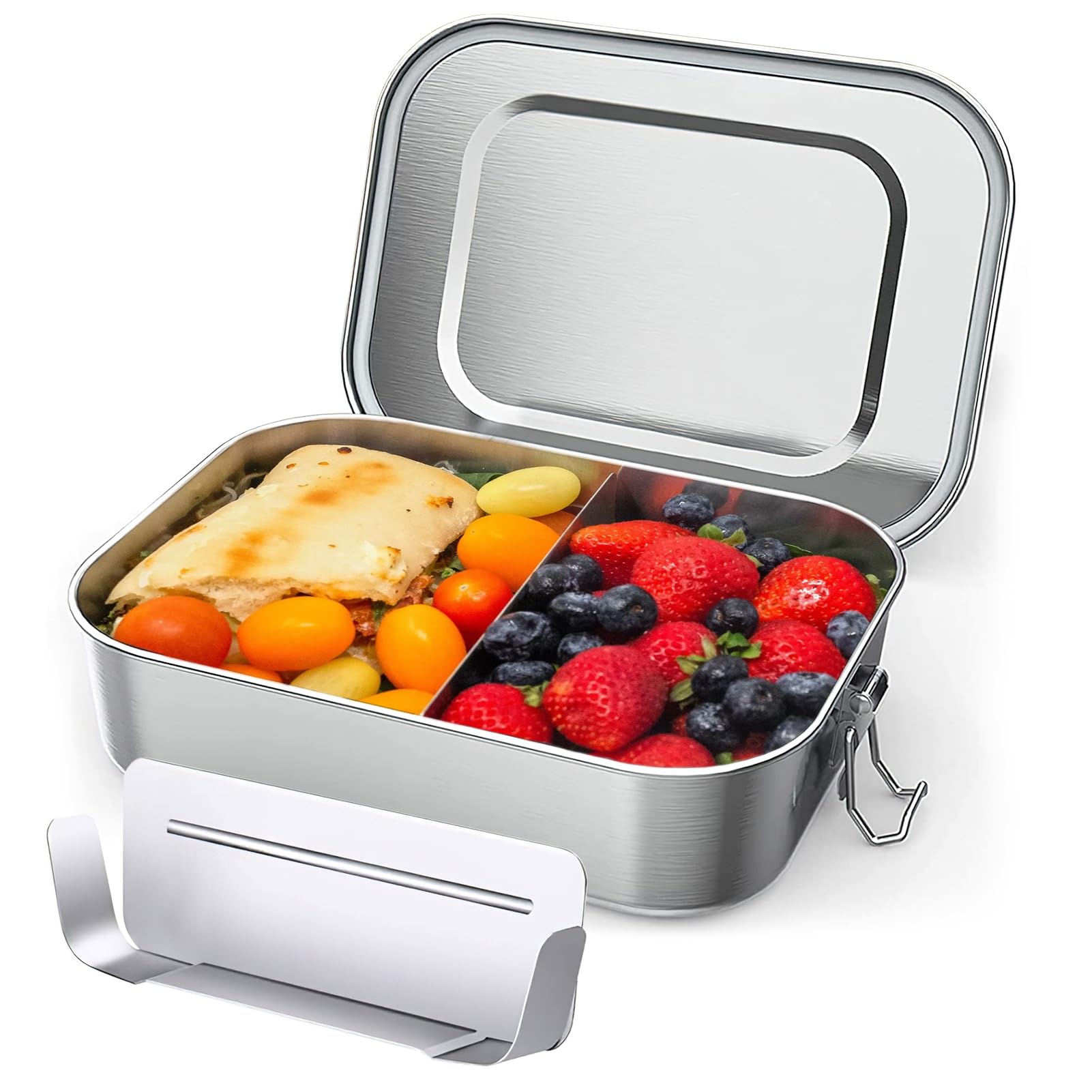 OITUGG Metal Lunch Box - 1400ml Stainless Steel Lunch Box for Adults, with 1pcs Removable Divider, Designed Snap-on Buckles and Silicone Ring Inside Lids, Dishwasher-Safe, 20 x14 x6.6cm