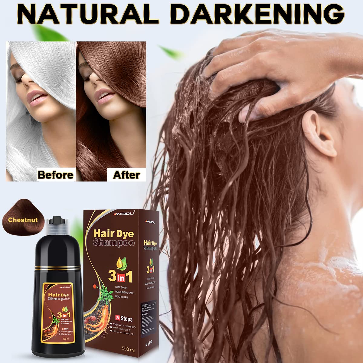 IIIMEIDU Hair Dye Shampoo 3 in 1 for Gray, Black Hair, Herbal Ingredients for Women Men, Grey Coverage 500ml (Chestnut)