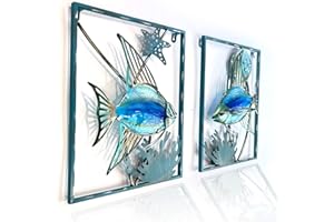 LIFFY Metal Fish Wall Decor with Frame-Outdoor Wall Art, Wall Decor with LED Fairy Lights, Fish Glass Art Wall Sculpture for Patio,Beach,Garden,Yard,Pool,home gift(2pcs, Blue)