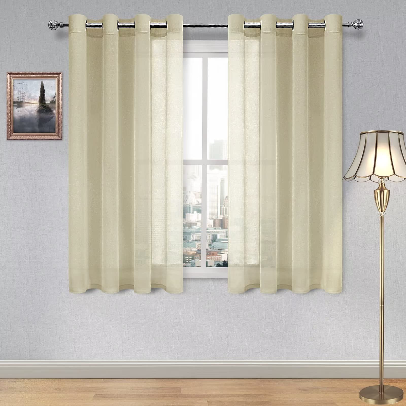 DWCN Beige Sheer Curtains Textured Semi Transparent Eyelet Top Decorative Voile Curtain for Living Bedroom, 52" Wide x 54" Drop, 2 Panels