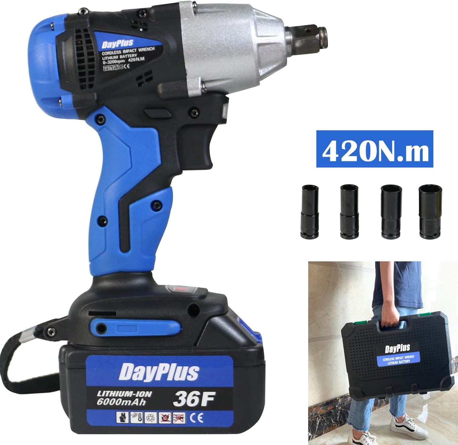 dicn Electric Impact Wrench Cordless with 1/2 inch Drive & Sockets Set