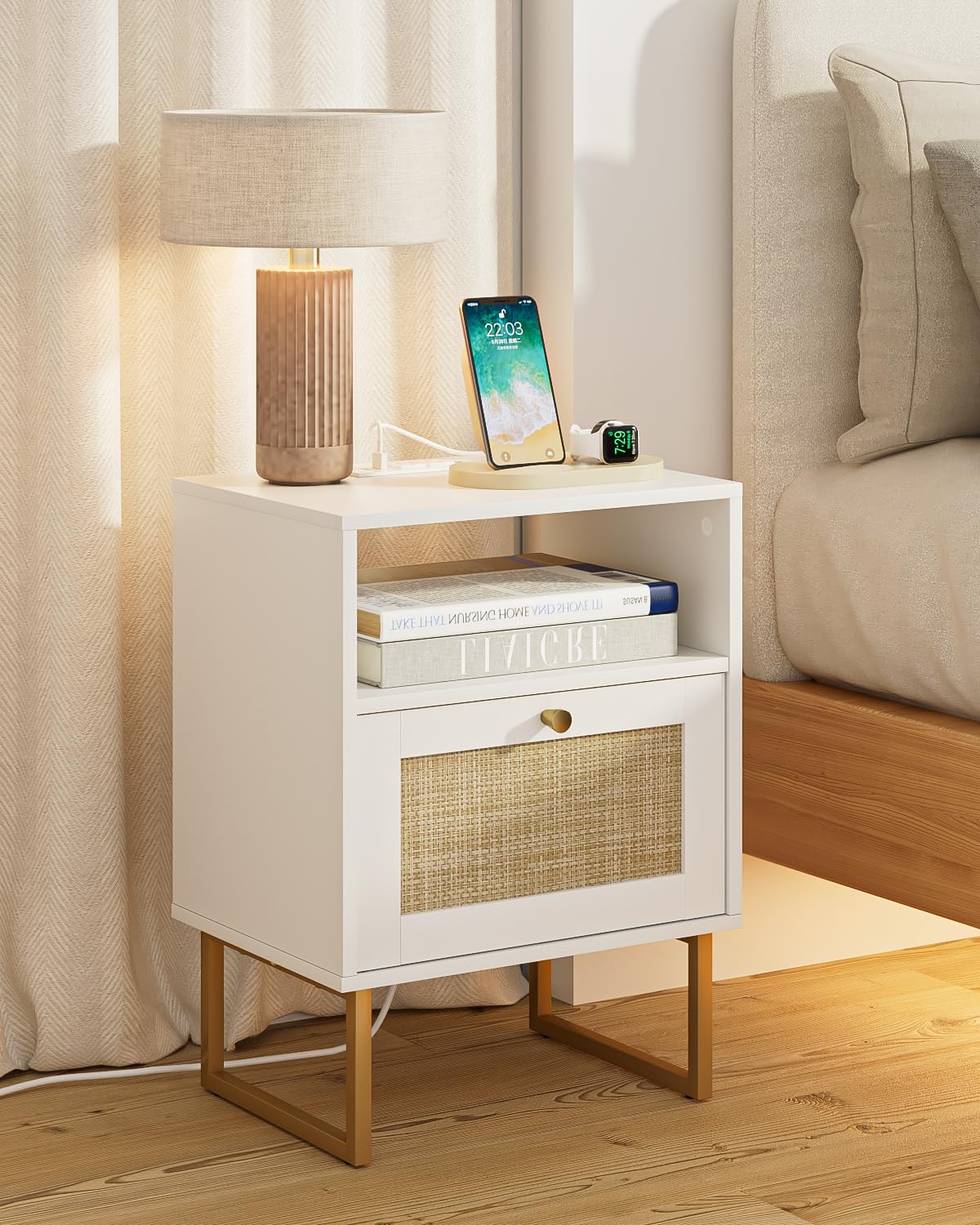 Photo 1 of Apetaccat Rattan Nightstand with Charging Station, Boho Night Stand Farmhouse Wood Bedside Table with Storage and Open Shelf, End Side Accent Table for Bedroom,Living Room,White