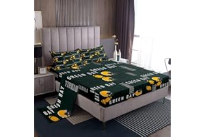 jejeloiu Football Bedding Set Full Size Kids Rugby Sports Fitted Sheet with 16 Inch Deep Pockets for Boys Girls Teens Football City Bed Sheets Set Green Yellow Soft Room Decor