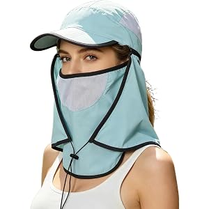 HUAMULAN Women Wide Brim Sun Hat Ponytail UV Protection Visor Fishing Hats Face Mask Detachable Neck Flap Garden Hiking