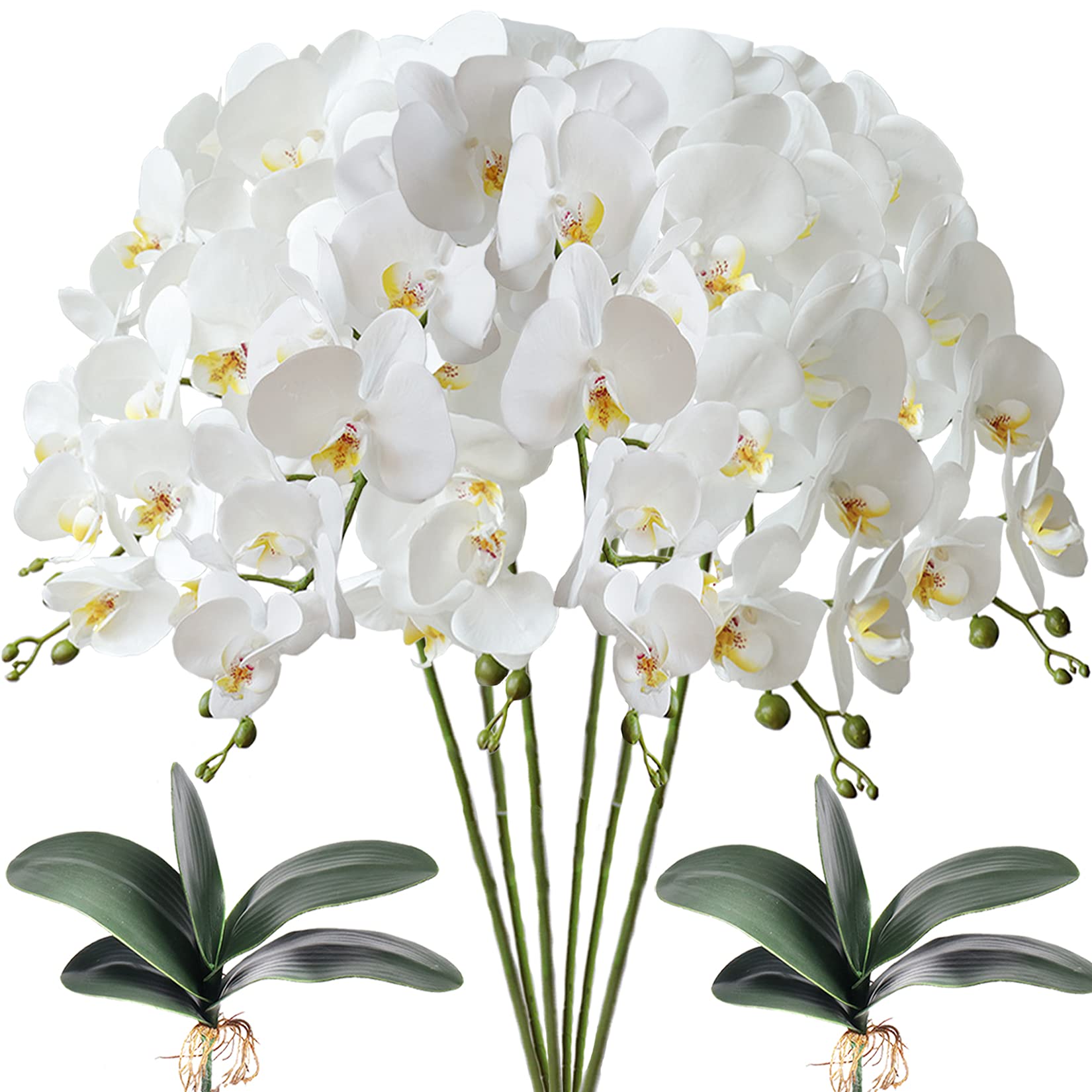 FagusHome 6 Pcs Artificial Phalaenopsis Flowers with 2 Bundles Leaves Artificial Orchid Flowers Stem Plants for Home Décor