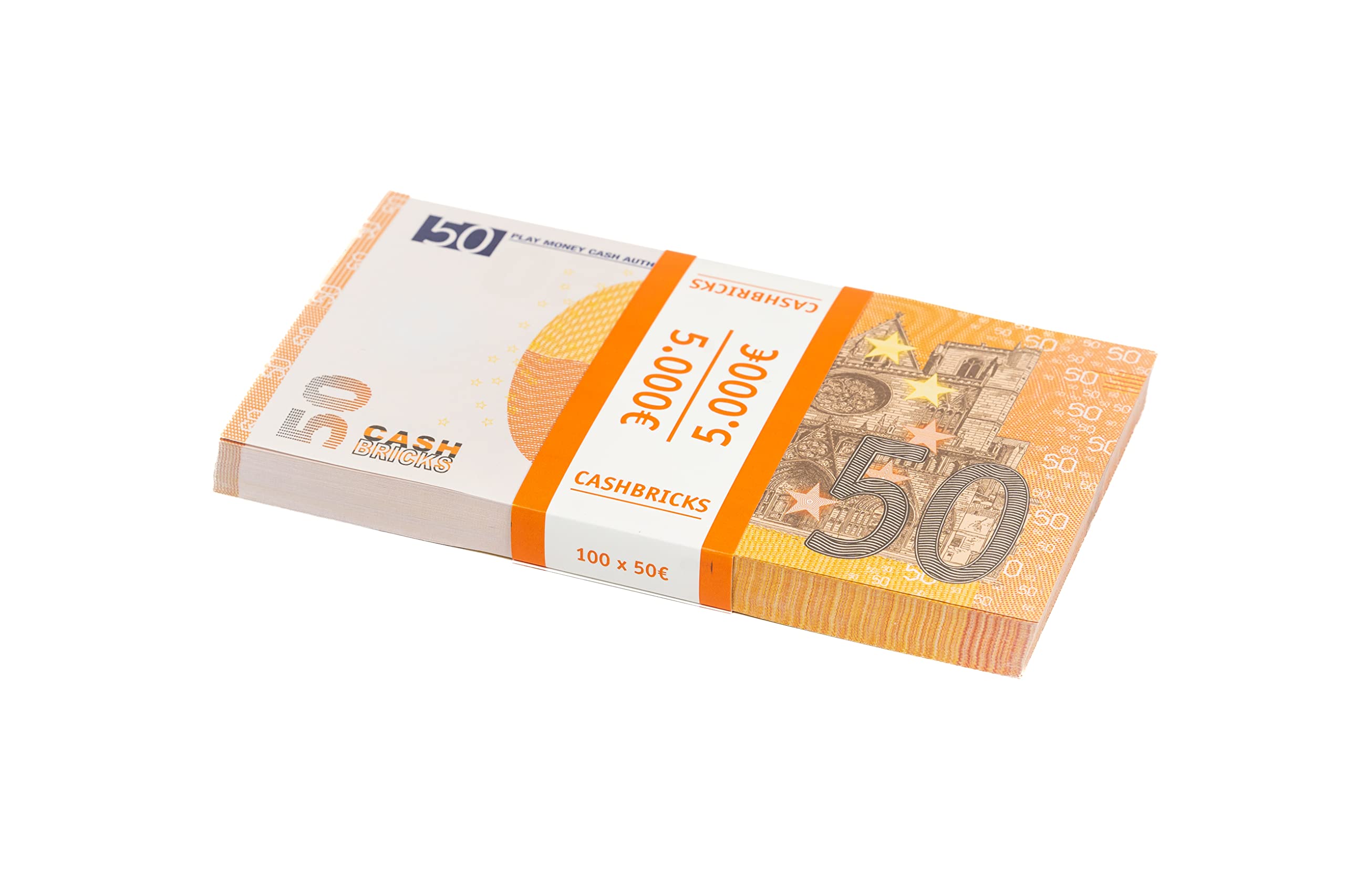 Cashbricks 100 x €50 Play Money Banknotes (120mm x 62mm), Orange, All Ages, 104g, Indoor Use, No Batteries Required