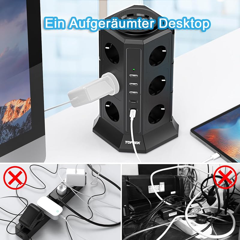 Mehrfachsteckdose 12 Fach, mit Überspannungsschutz USB C Schalter — Foto 6 von 7