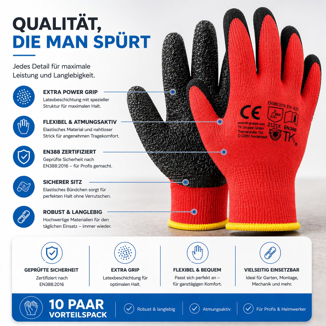 TK Gruppe Timo Klingler 10x Paar EN388 Arbeitshandschuhe Herren - Gr 8-9 (S-M) - Extra Power Grip - Handschuhe & Gartenhandschuhe - Work Gloves für Garten, Montage & Mechaniker 7