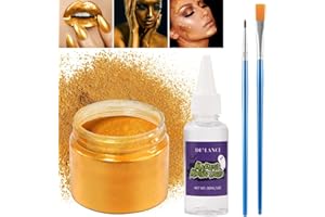 DE'LANCI Gold Face Paint Kit Metallic Powder,Fine Metal Powder Body Paint for Adults Kids,SFX Cosmetic Kit Christmas Paint with Mixing Liquid and 2 Brushes,parkling Halloween Makeup